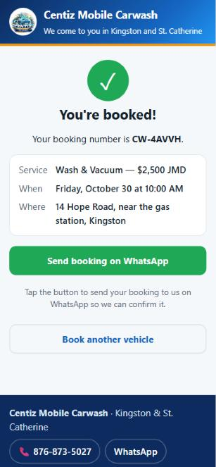 Booking confirmed with WhatsApp button