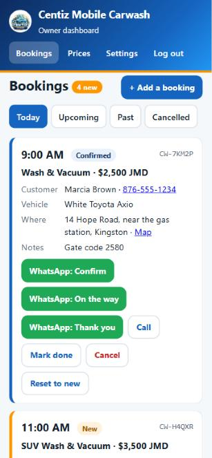 Owner dashboard with today's bookings