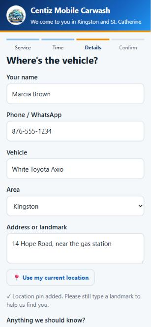 Entering vehicle and location details