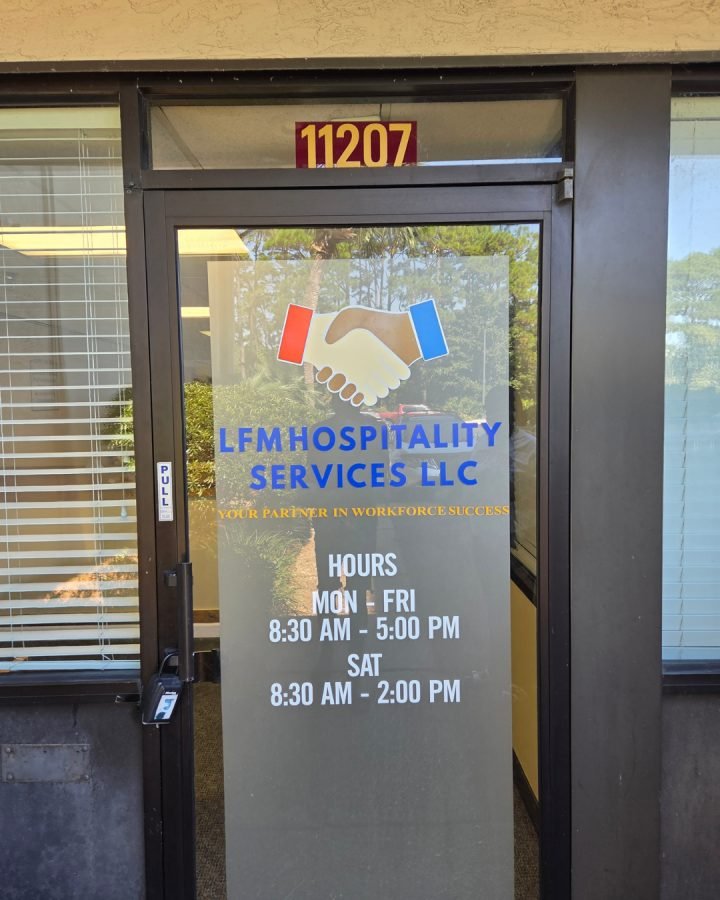 LFM Hospitality Services LLC: Storefront window decal with business hours