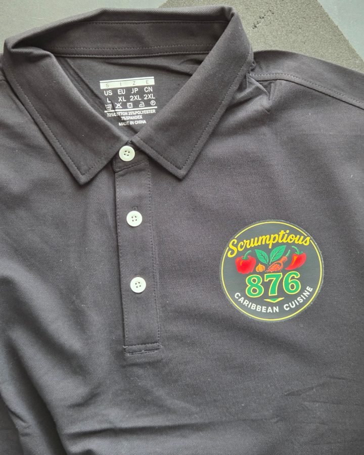 Scrumptious 876 Caribbean Cuisine: Full-colour logo on a polo